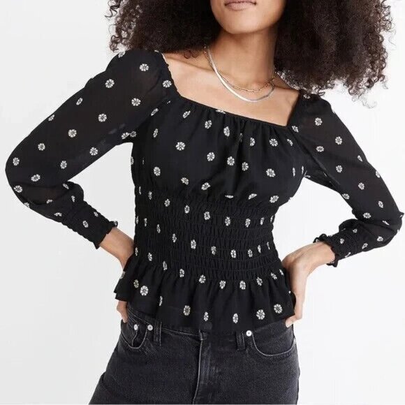 Madewell Georgette Square-Neck Smock-Waist Top Size XS Bloom Dot Floral Black - Picture 1 of 10